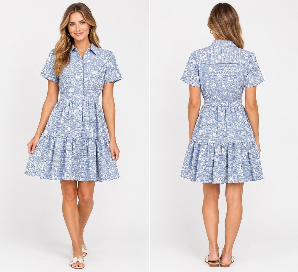 Kenzo Short Sleeve Cotton Mini Shirt Dress Blue White Stripe Size: 36/US Size: 4